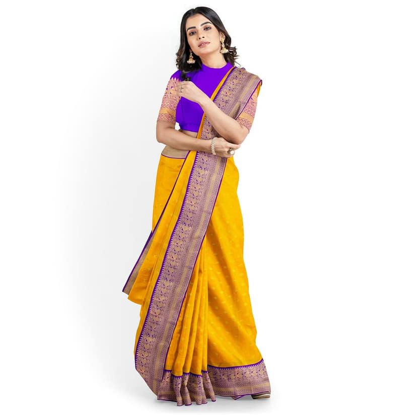 Yellow and blue semi Silk Saree With Zari Border and un stiched blose piece view 6