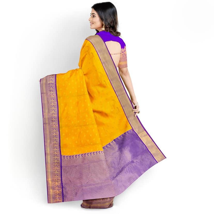 Yellow and blue semi Silk Saree With Zari Border and un stiched blose piece view 7