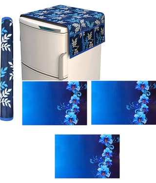 Fabolic Polyester Floral Fridge Mat & Cover ( 93 53 ) Pack of 5 - Blue