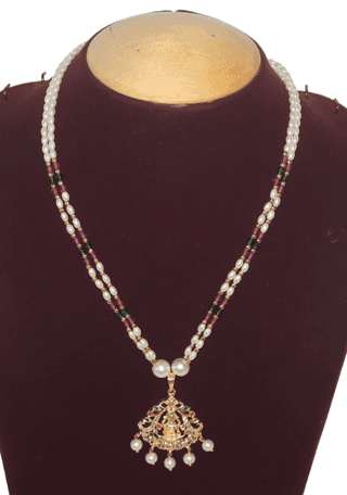 Elegant Pearl Necklace with Ruby, Emerald & CZ Pendant