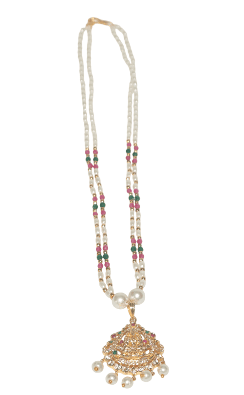 Elegant Pearl Necklace with Ruby, Emerald & CZ Pendant view 2