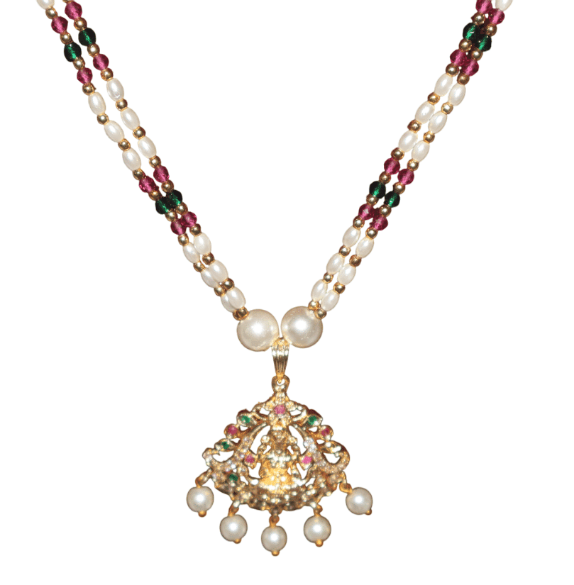 Elegant Pearl Necklace with Ruby, Emerald & CZ Pendant view 3