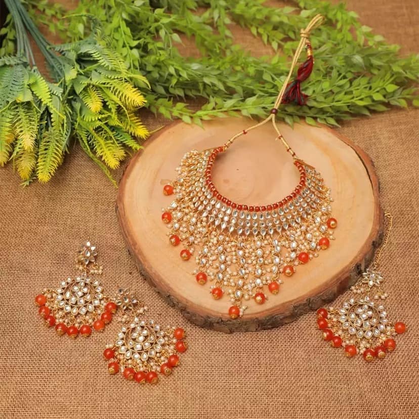 Swarajshop Alloy Gold-plated Orange Jewel Set (Pack of 1)