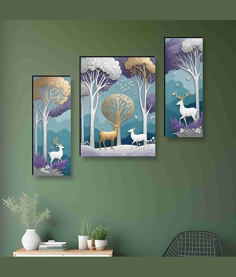 SAF Golden Deer Forest Wall Art – 3 Panel Luxury Tree & Animal Painting in Purple-Teal Tones for Bedroom & Nature-Themed Home Décor 12 Inch x 20 Inch view 2