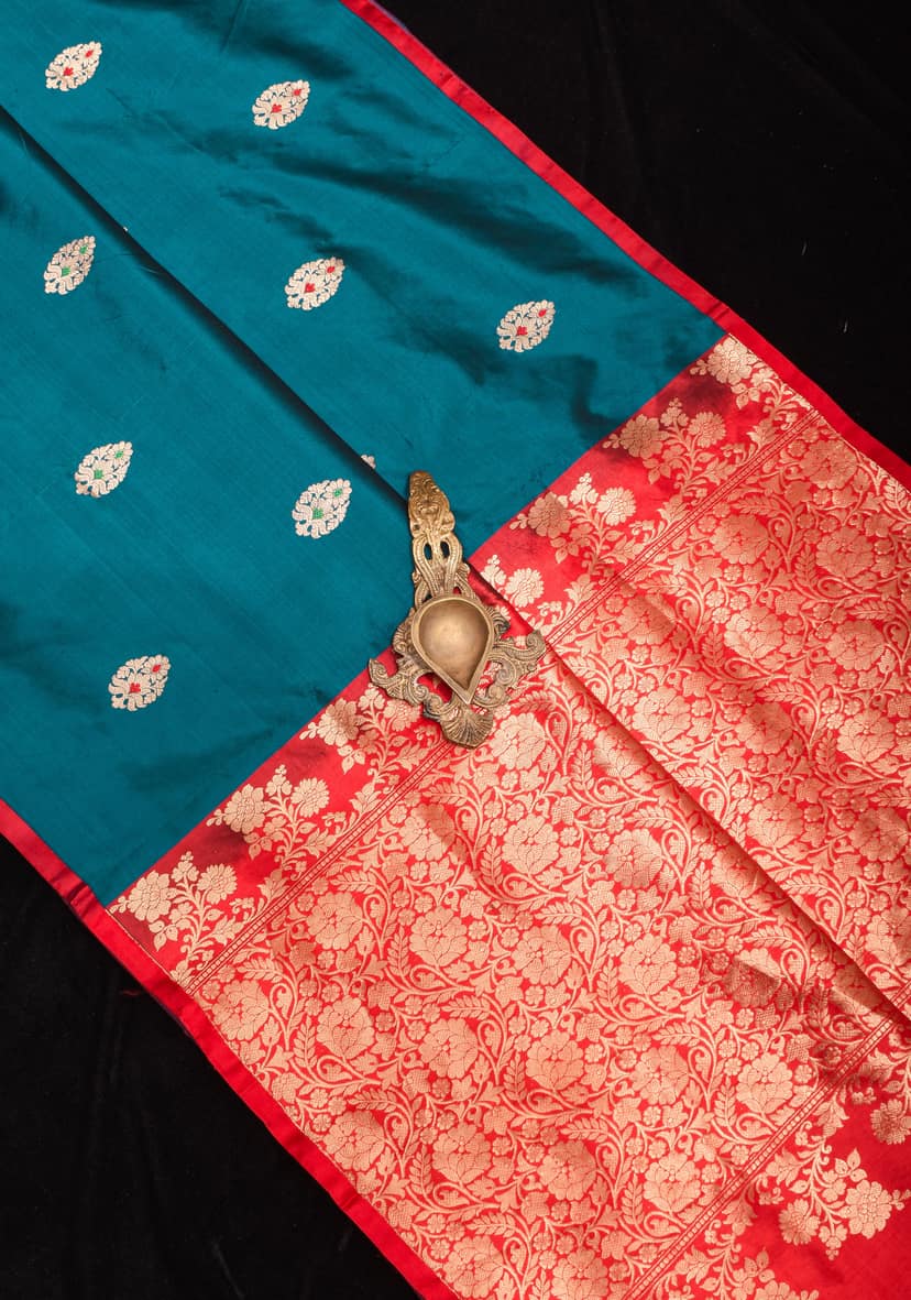 Prussian Blue Borderless Banarasi Katan Silk Saree with Meenakarai Buttas and Butti Blouse PIece | SILK MARK CERTIFIED view 2