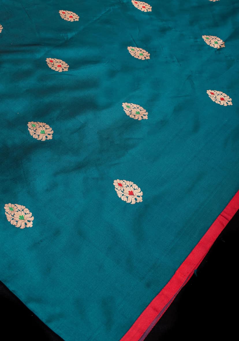 Prussian Blue Borderless Banarasi Katan Silk Saree with Meenakarai Buttas and Butti Blouse PIece | SILK MARK CERTIFIED view 3
