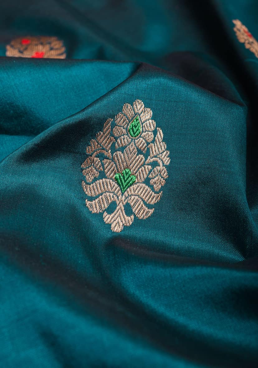 Prussian Blue Borderless Banarasi Katan Silk Saree with Meenakarai Buttas and Butti Blouse PIece | SILK MARK CERTIFIED view 5