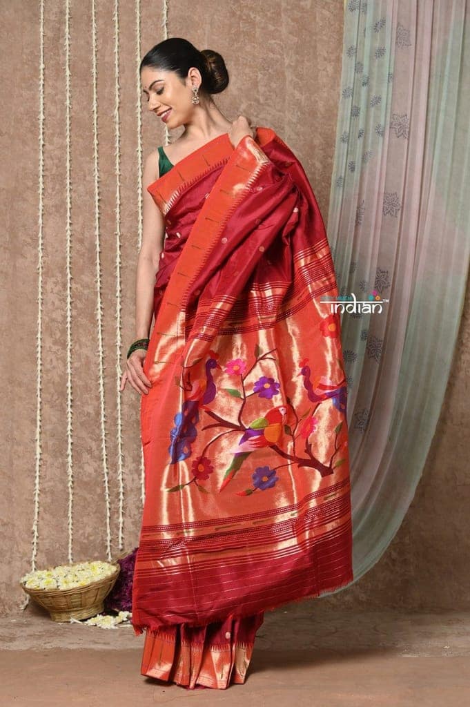 Tyohaar ~ Handloom Pure Silk Muniya Border Paithani Saree with Handcrafted Peacock Pallu ~ Vintage Maroon view 2