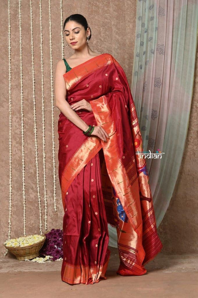 Tyohaar ~ Handloom Pure Silk Muniya Border Paithani Saree with Handcrafted Peacock Pallu ~ Vintage Maroon view 3