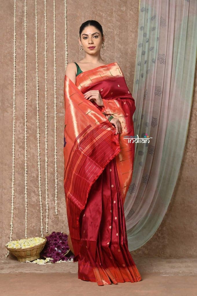Tyohaar ~ Handloom Pure Silk Muniya Border Paithani Saree with Handcrafted Peacock Pallu ~ Vintage Maroon view 5