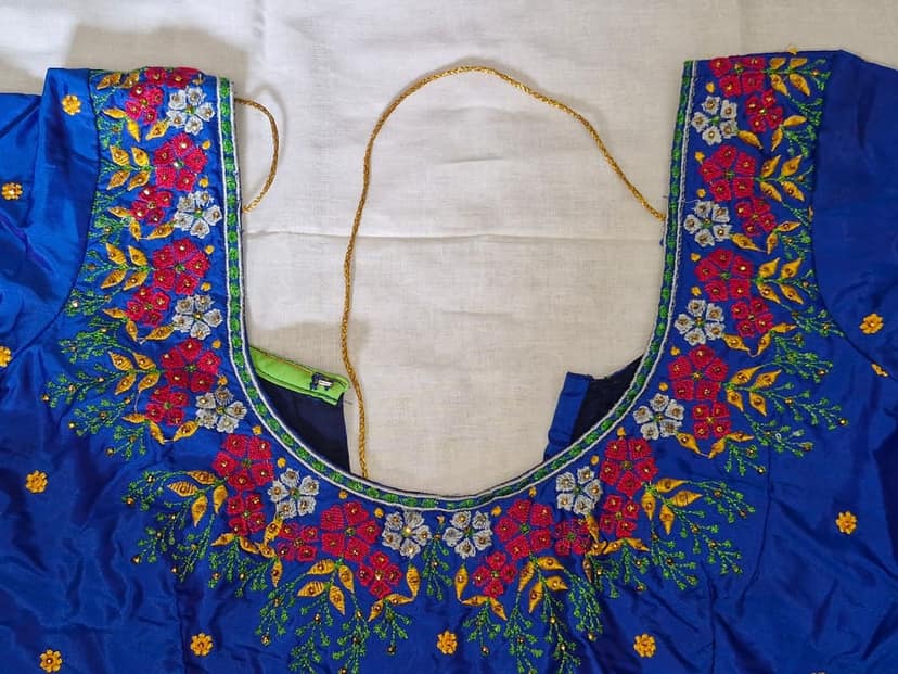 Blue Hand Embroidered Blouse With Floral Motifs view 2