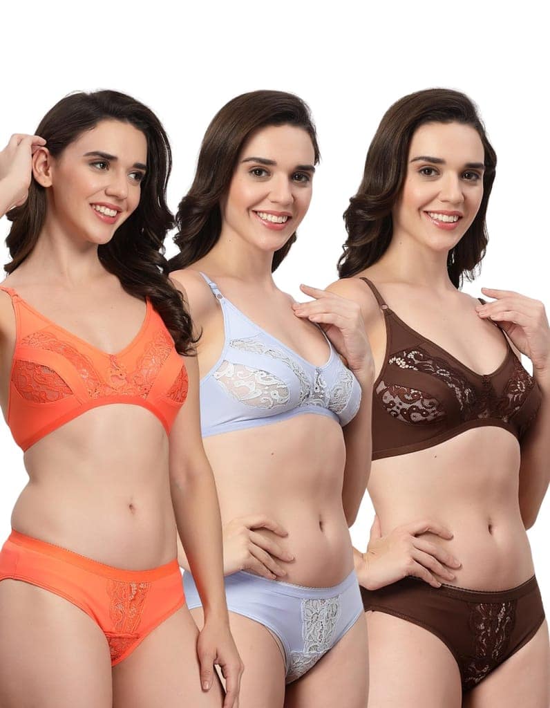 ADORNSTAR Bra Panty Set Sexy Lingerie Set for Women Pack of 3 Peach