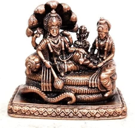 Searchers Paradise - Copper Idols God Vishnu Along with Mahalakshmi Lying in Adisesha,2.1 inches, Copper Handmade 250 Grams, Patina Antique Finish, Pack of 1 Piece