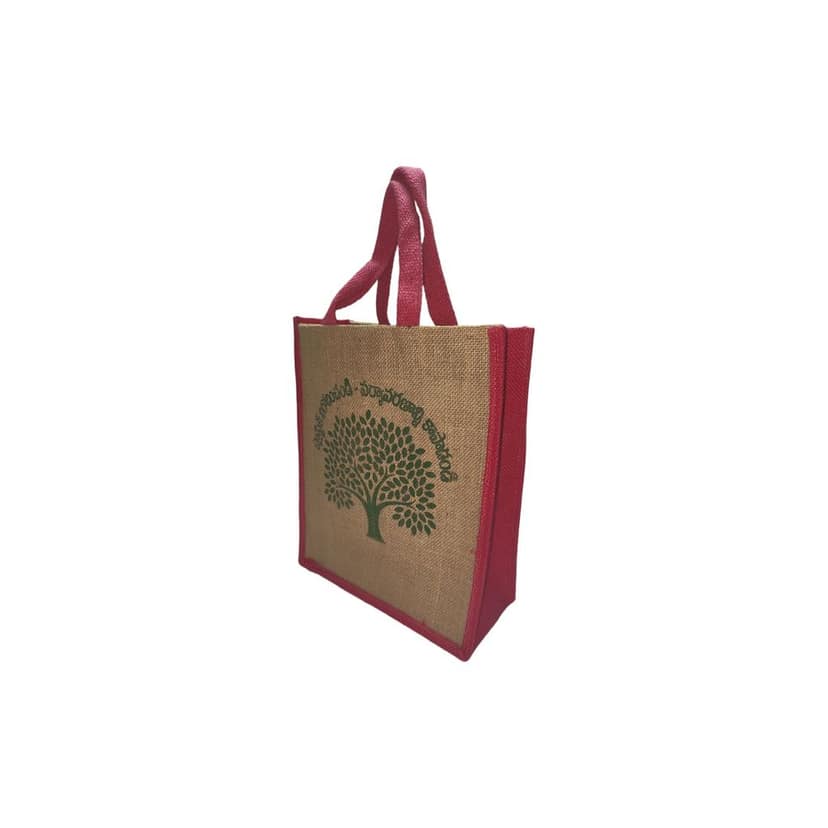 Floral Printed Jute Tote Bag with Pink Handles view 3