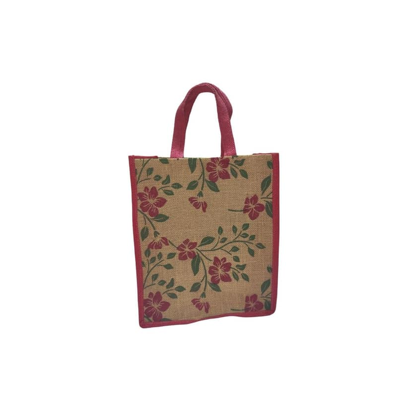 Floral Printed Jute Tote Bag with Pink Handles view 4