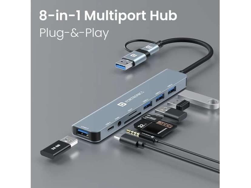 Portronics Mport 8 Plus AUX, USB 3.0, MicroSD and SD Card, 8 Port Design, Type-C and USB Plug view 2