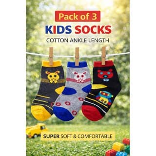 Kids Cotton Ankle Socks Pack of 3 Super Soft Comfortable Cute Cartoon Designs