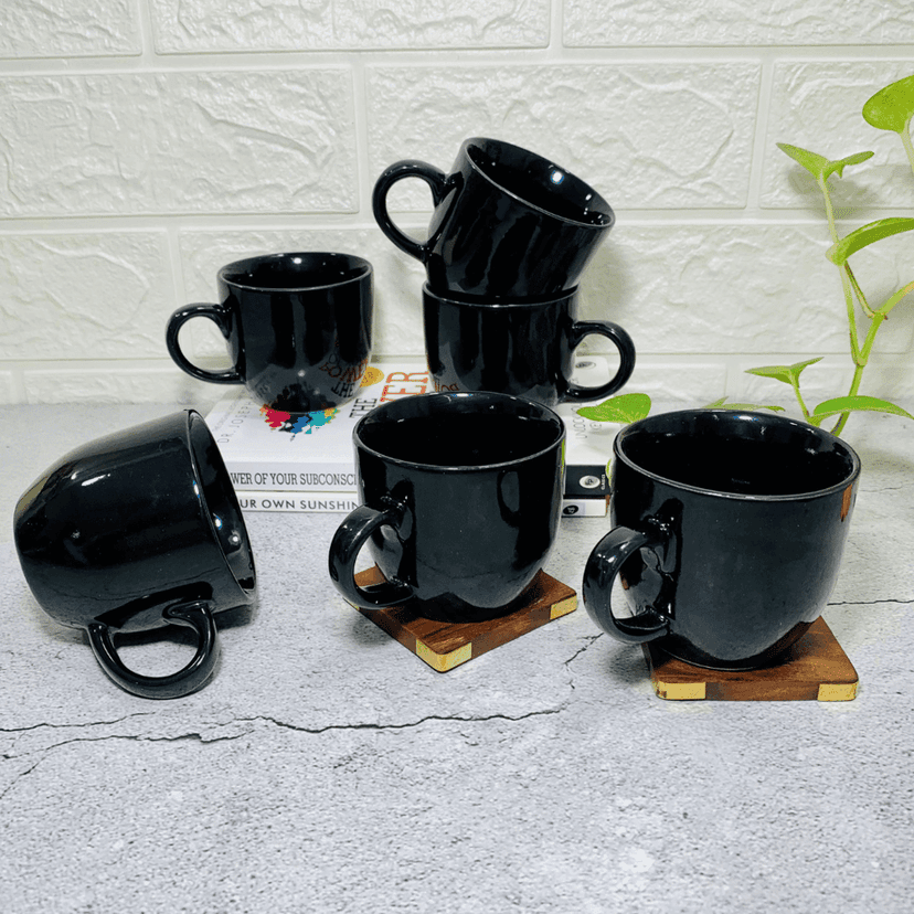 Homefrills Premuim Stoneware Glossy Black Solid Colour ceramic stylish Tea/Coffee Cups set of 6