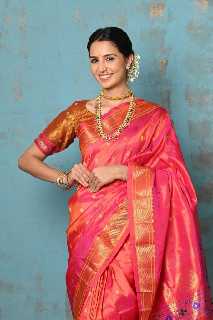 Tyohaar ~ Exclusive Handloom Pure Silk Paithani With Contrast Pall ~ Dual Tone Orange Pink view 2