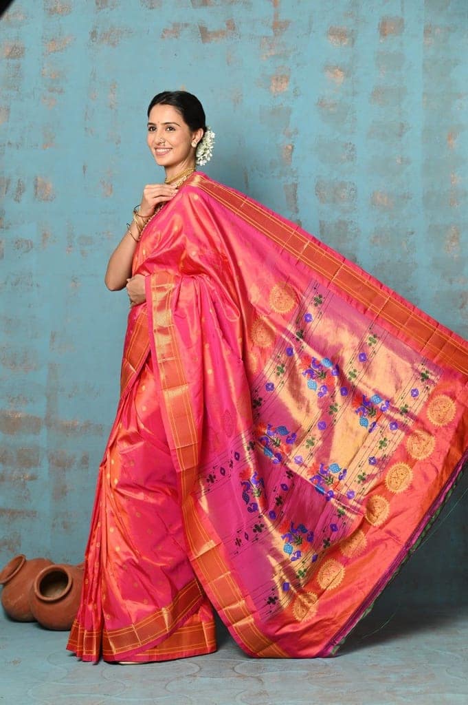 Tyohaar ~ Exclusive Handloom Pure Silk Paithani With Contrast Pall ~ Dual Tone Orange Pink view 3