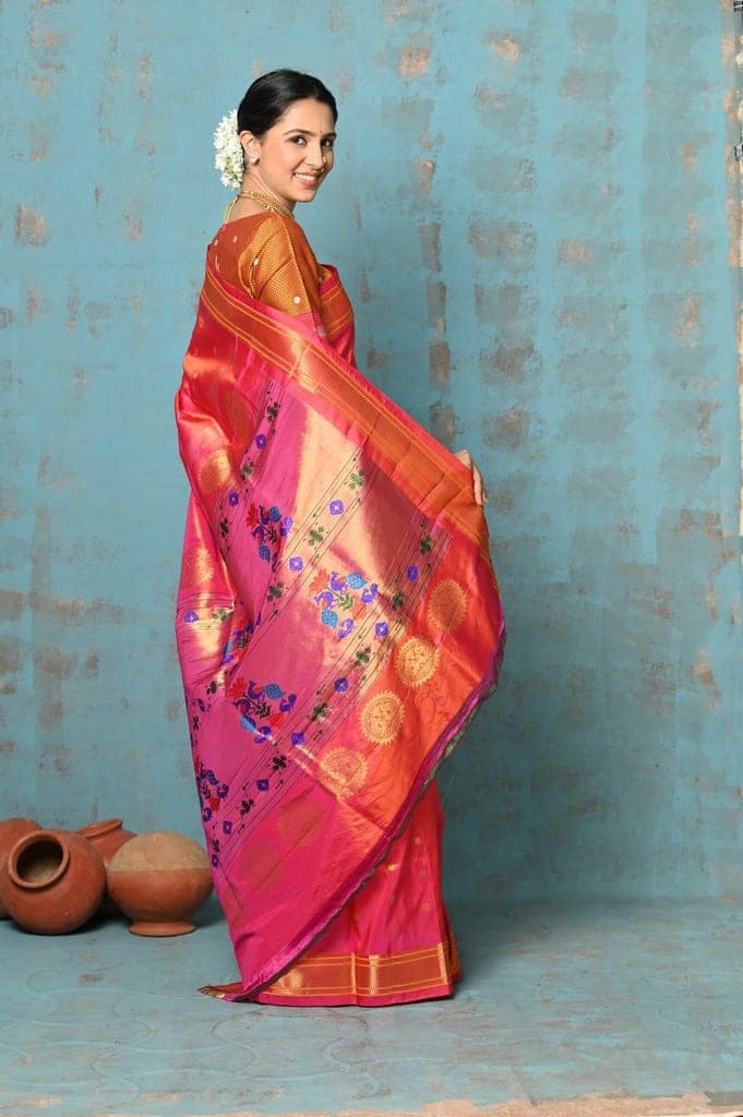 Tyohaar ~ Exclusive Handloom Pure Silk Paithani With Contrast Pall ~ Dual Tone Orange Pink view 4