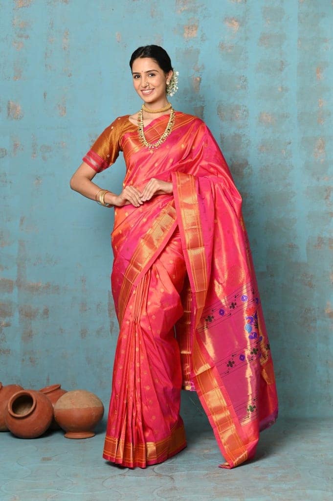 Tyohaar ~ Exclusive Handloom Pure Silk Paithani With Contrast Pall ~ Dual Tone Orange Pink view 5