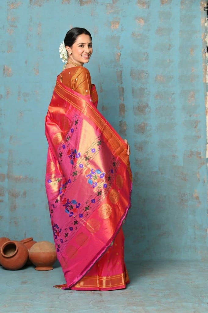 Tyohaar ~ Exclusive Handloom Pure Silk Paithani With Contrast Pall ~ Dual Tone Orange Pink view 6