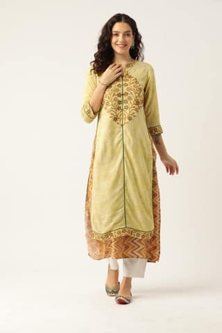 Women Yellow Embroidered Double Layered A-Line Kurta