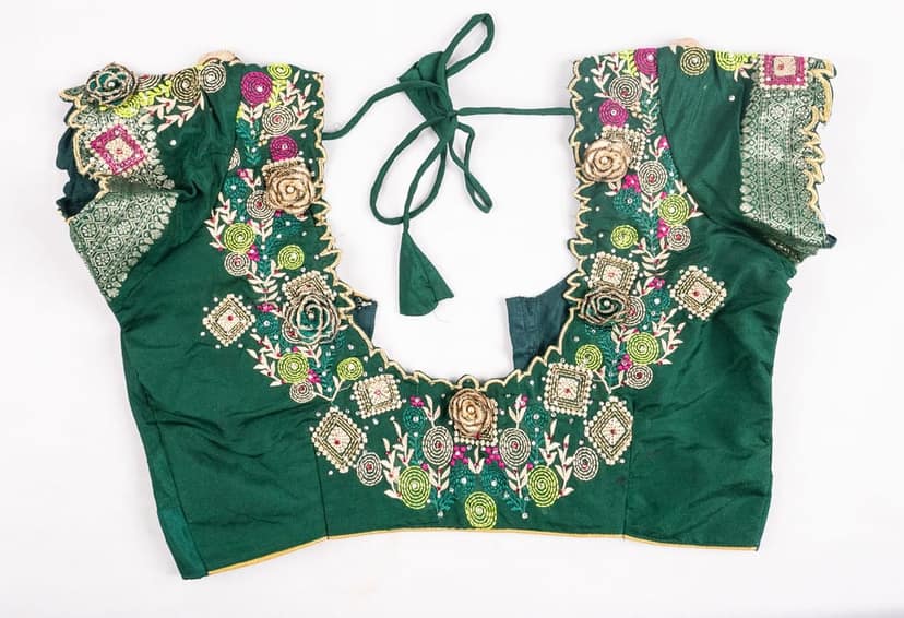 Green Embroidered Cotton Saree Blouse view 3