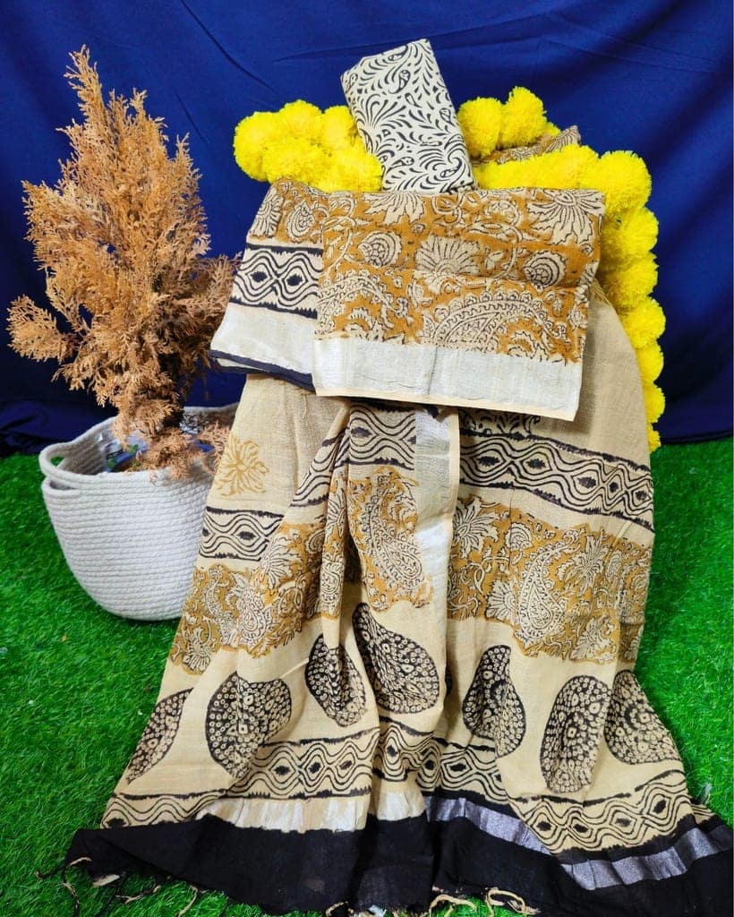Linen Suit Set Dark Amber & Light Beige Color with Cotton Bottom, Linen Top and Dupatta Handblock Printed-4721 view 2