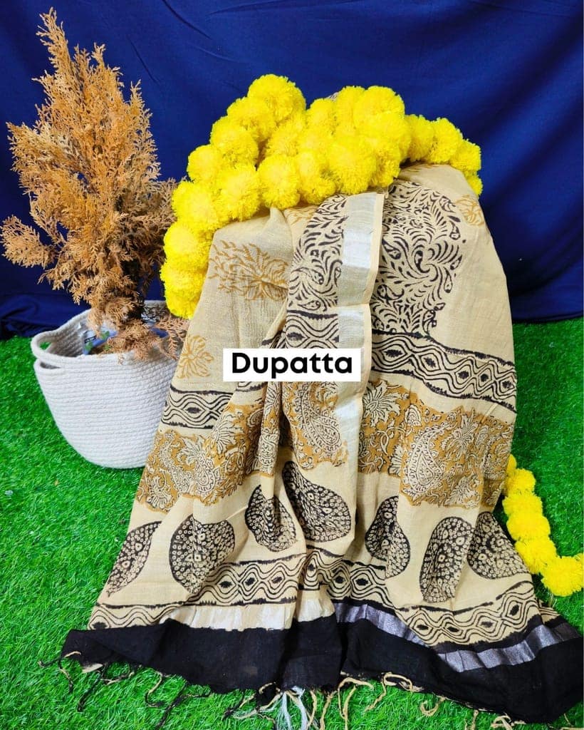 Linen Suit Set Dark Amber & Light Beige Color with Cotton Bottom, Linen Top and Dupatta Handblock Printed-4721 view 3