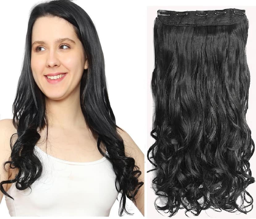 MoonEyes Curly Wavy hair extension in 5 clip Black color for Women, 24 inch MoonEyes Curly Wavy hair extension in 5 clip Black color for Women, 24 inch - Black