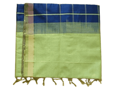 Green and Blue Checked Saree With Tassels view 2