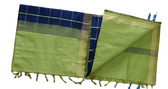 Green and Blue Checked Saree With Tassels view 3