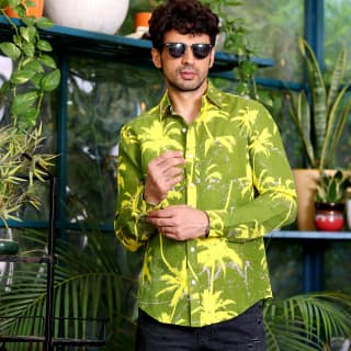Coconut Tree Dark Lemon Casual Pure Linen Full Shirt (Size - L) by BLUE EAGLE