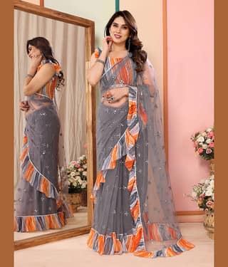 BLEESBURY Net Embellished Saree With Unstitched Blouse Piece ( Grey )