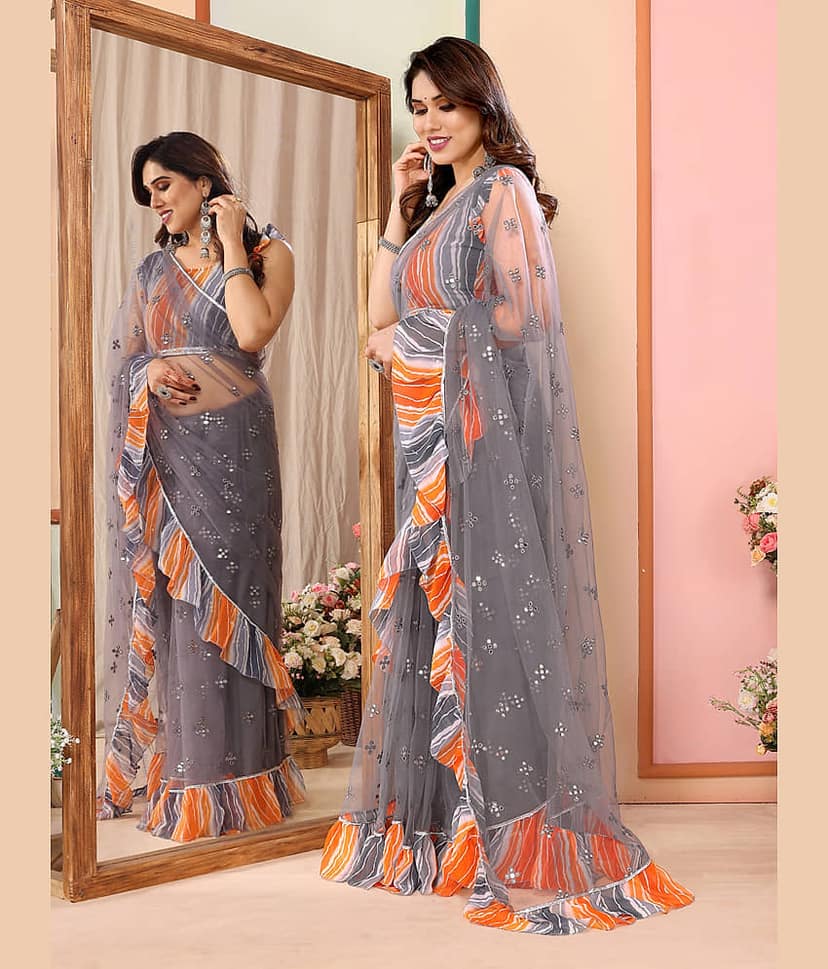 BLEESBURY Net Embellished Saree With Unstitched Blouse Piece ( Grey ) view 2