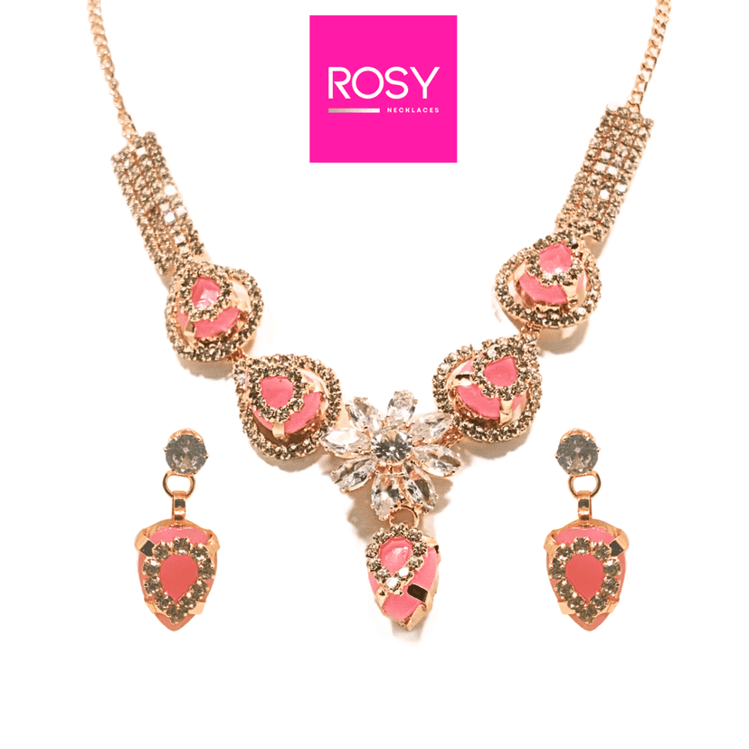 ROSY Handcrafted Rose Gold Plated Heart Pendant Necklace Set with Matching Earrings | American Diamonds | Pink Accents view 2