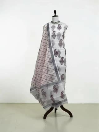 Handwoven Kota Doria Cotton Dress Material with Paisley Buti, Brick Red