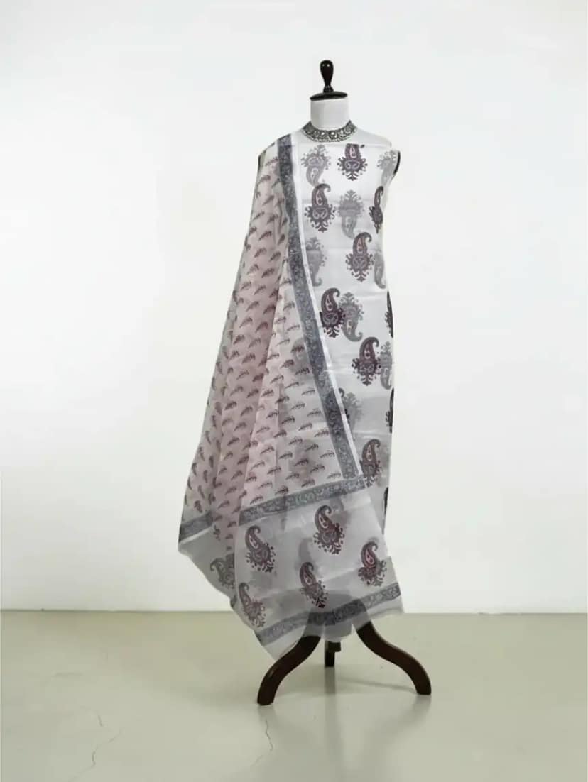 Handwoven Kota Doria Cotton Dress Material with Paisley Buti, Brick Red