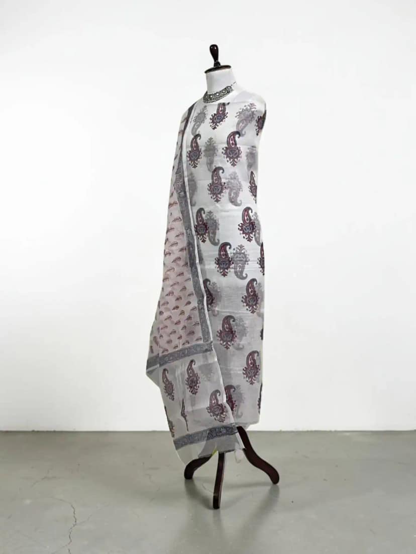 Handwoven Kota Doria Cotton Dress Material with Paisley Buti, Brick Red view 2
