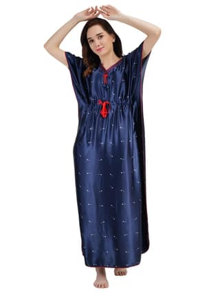 KOI SLEEPWEAR Women's Printed Satin Kaftan Gown/Maxi Night Gown for Women - Navy Blue (XL)