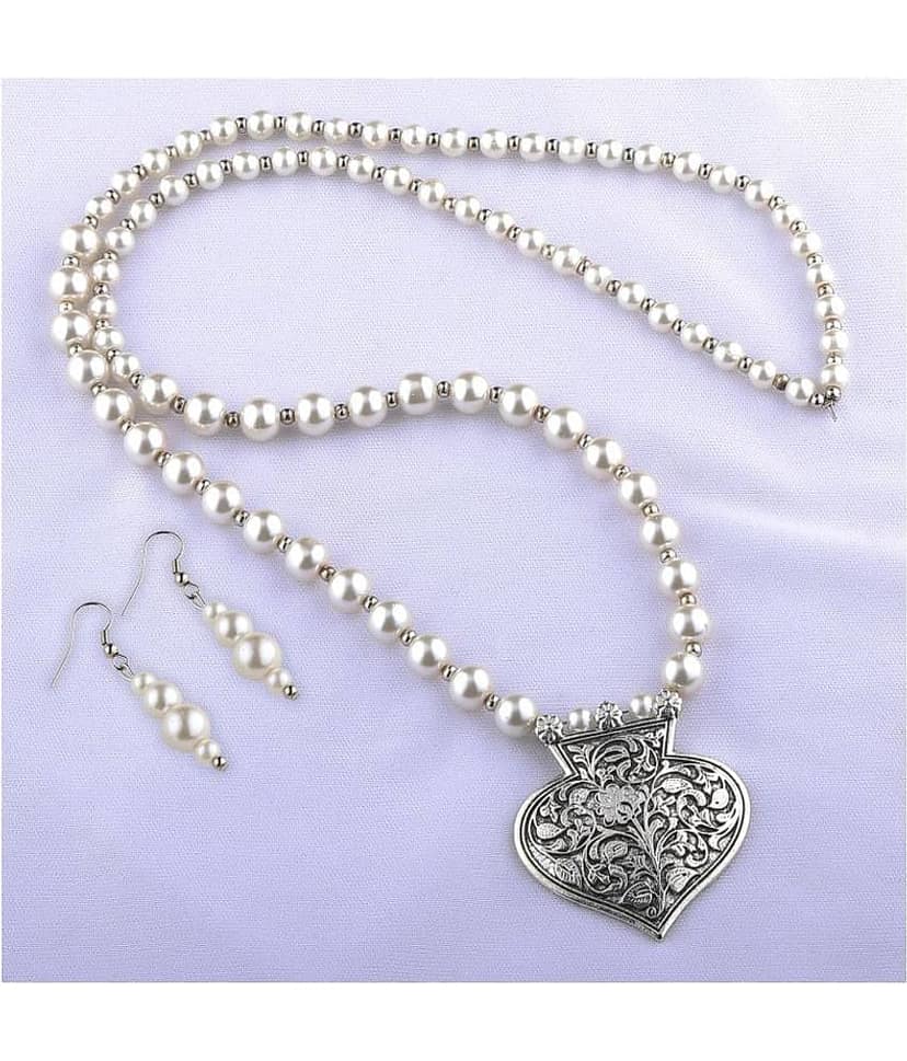 SILVERSHINE silverplated Designer Traditional Spade Shape pendant Long Pearl Necklace set for women Jewellery set