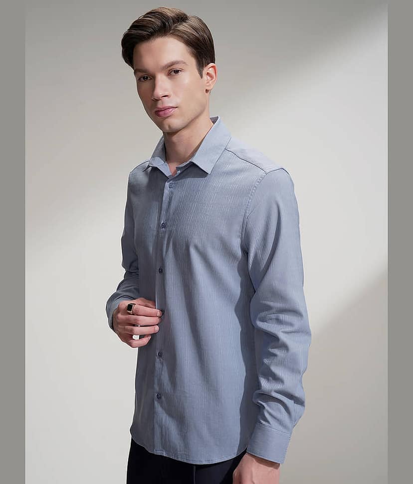 Highlander Cotton Blend Slim Fit Self Design Full Sleeves Men's Casual Shirt - Blue ( Pack of 1 ) view 4