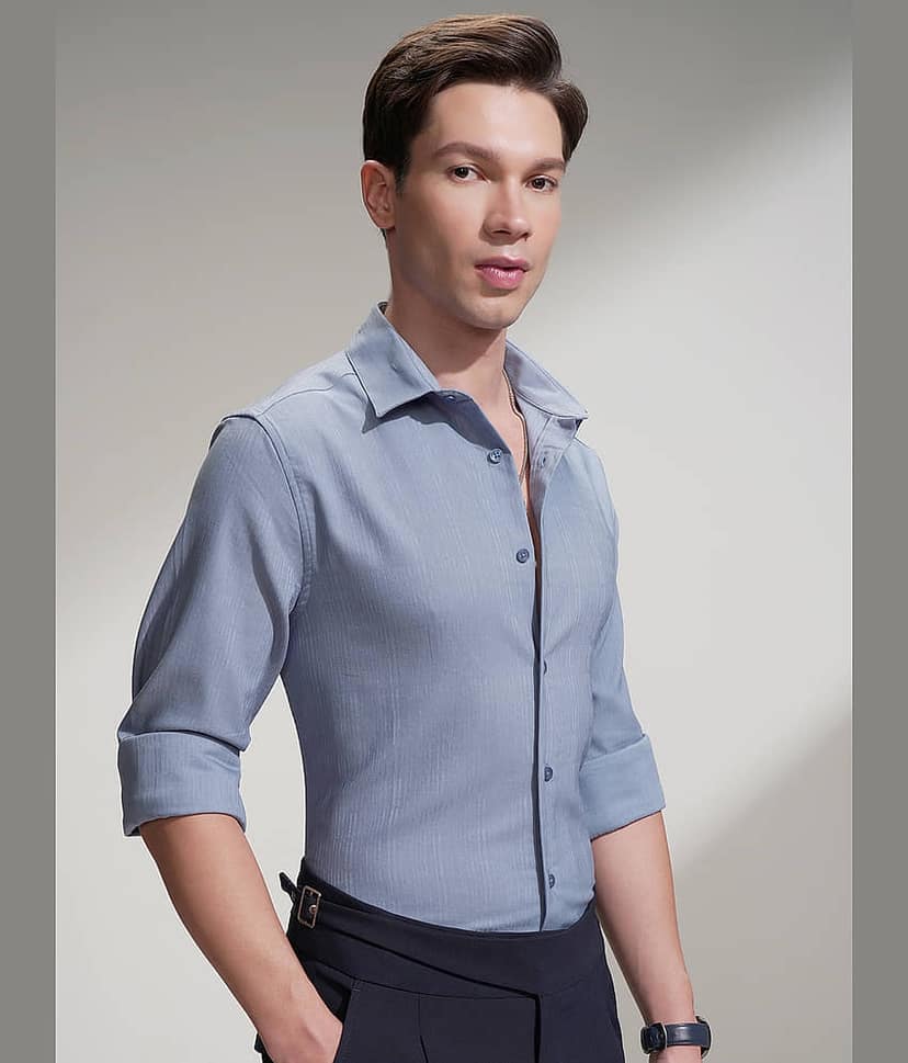 Highlander Cotton Blend Slim Fit Self Design Full Sleeves Men's Casual Shirt - Blue ( Pack of 1 ) view 6