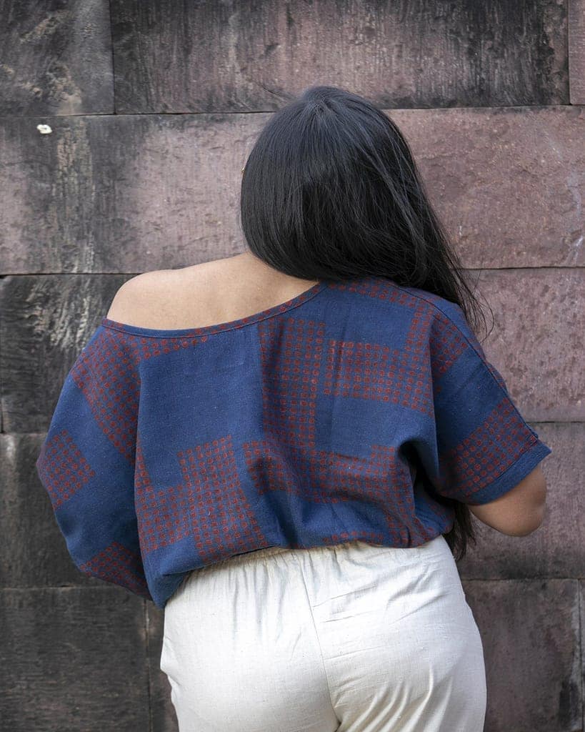 Indigo Puzzle Handwoven Organic Cotton Crop Top view 3