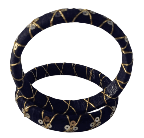 Black and gold silk thread bangles with sequin work view 2