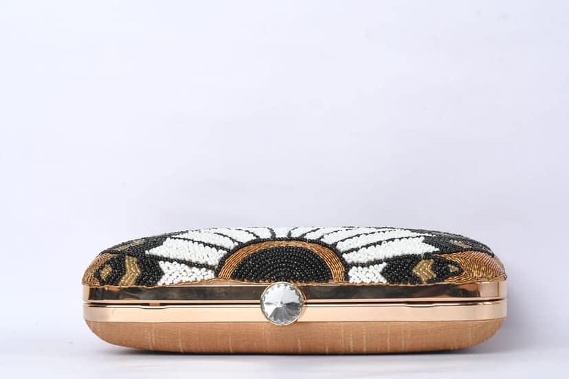 Black & Golden Color Katdana Beaded Hand Embroidered Hand Clutch Cum Sling Bag view 2