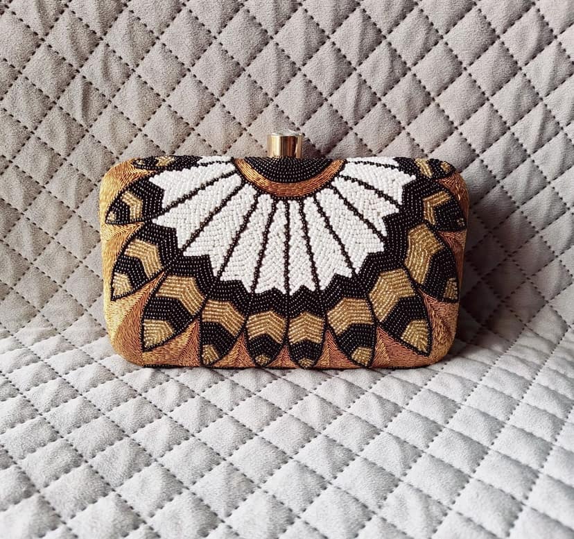 Black & Golden Color Katdana Beaded Hand Embroidered Hand Clutch Cum Sling Bag view 3
