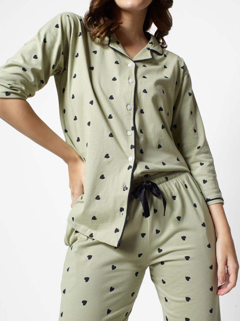 Zeyo Women Green Heart print Stylish Night suit set view 2